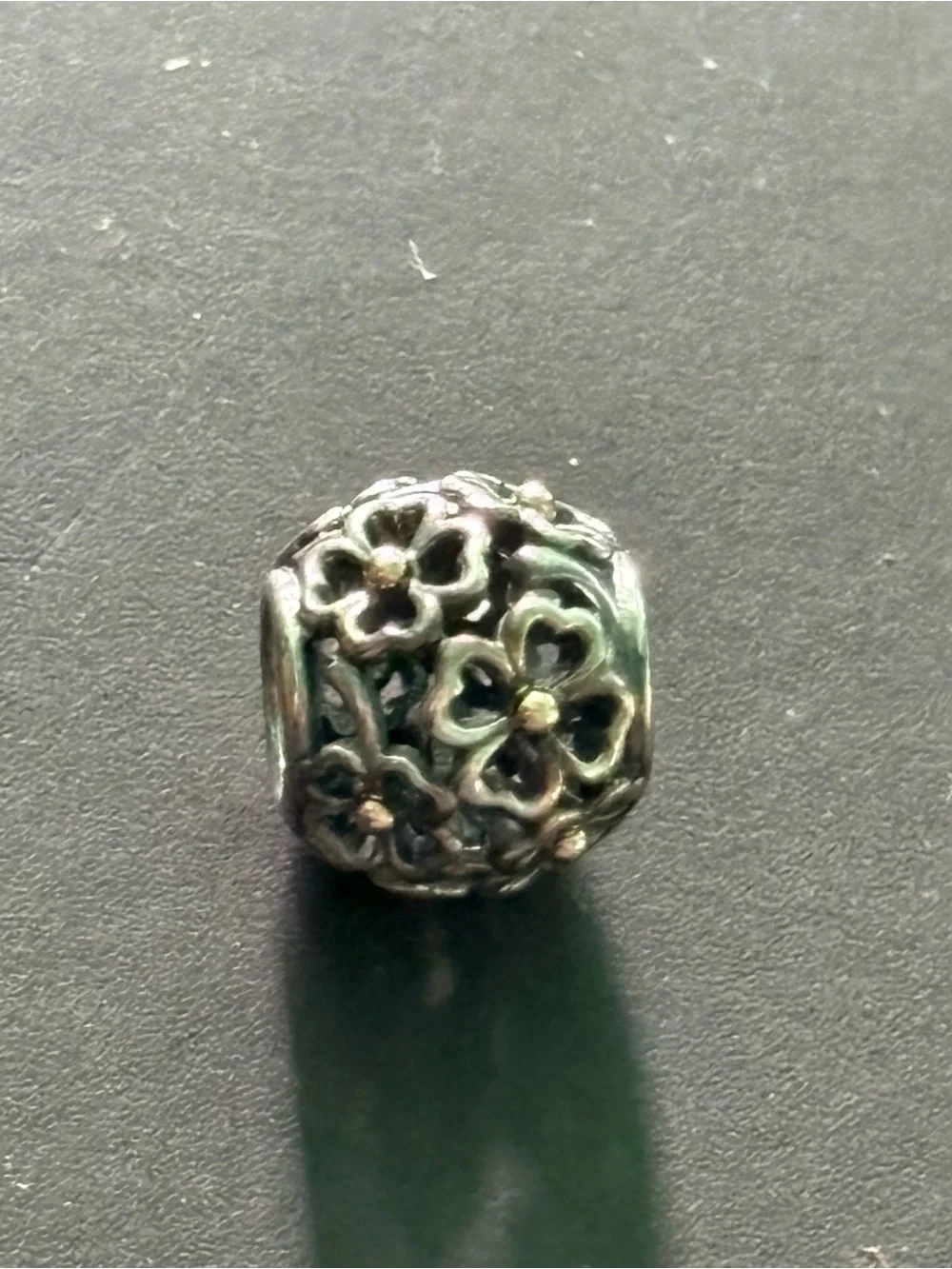 Pandora Silver Floral Openwork Charm Bead with Gold Accents